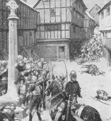 Een groep boogschutters vormde zich en schoot pijl na pijl in het midden van hun vijanden, illustratie uit 